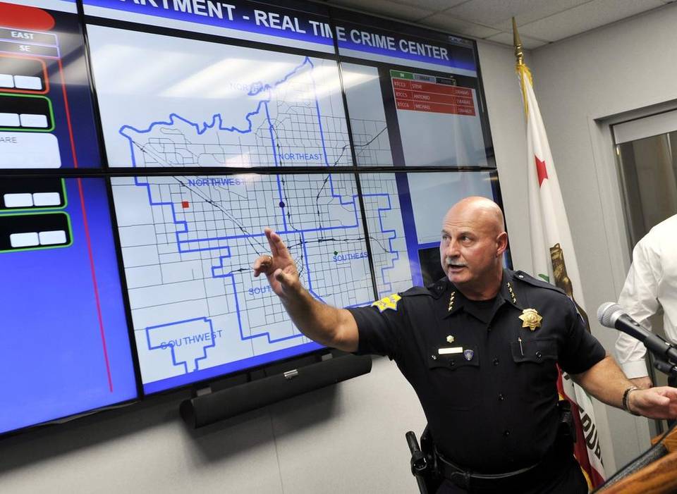 Police Chief Jerry Dyer demonstrates how the Real Time Crime Center will assist Responding Officers.